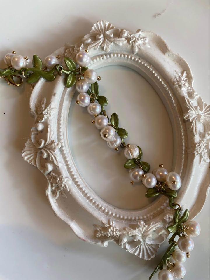 Handmade Women Lily Bell orchid Cultured Pearl Vintage Bracelets& pendent