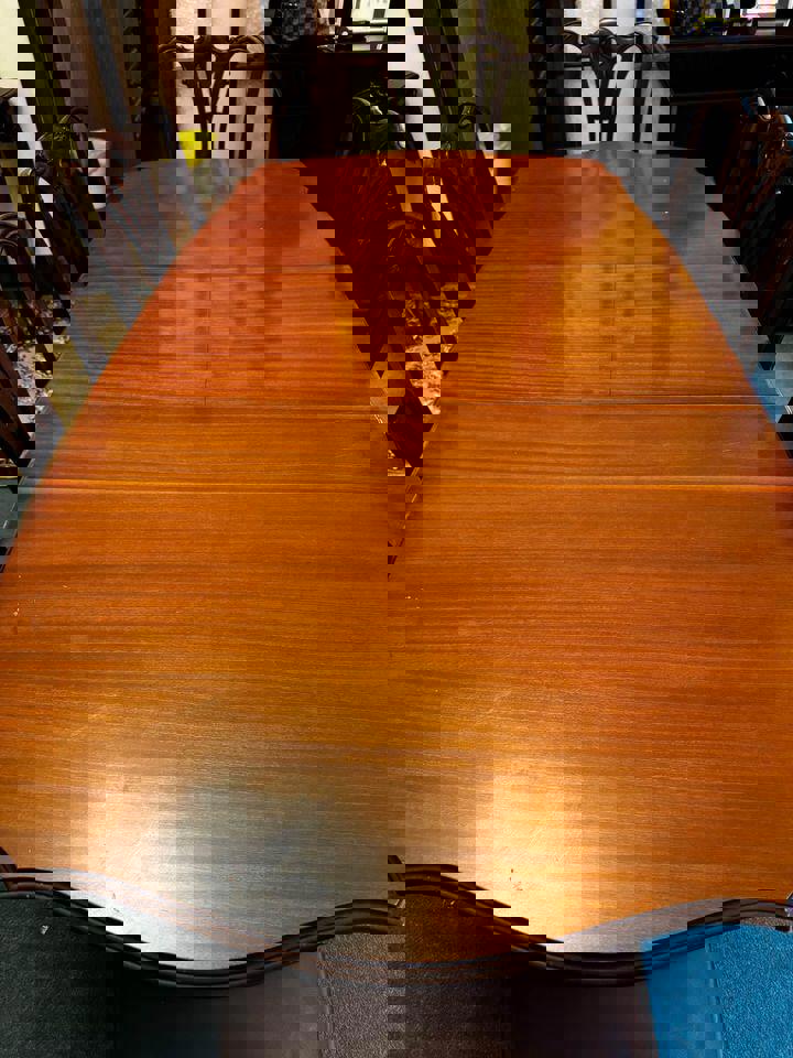 Vintage Dinning table extendable $150 with 6 refurbished leather chairs $100 each