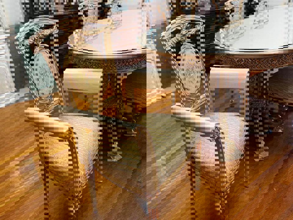 Antique white French dinning table with 6 matching chairs with glass top