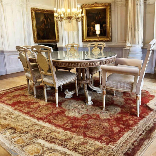 Antique white French dinning table with 6 matching chairs with glass top