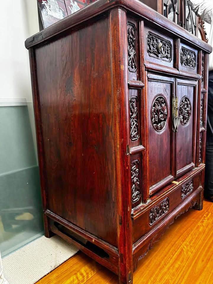 Antique Chinese Carved Wooden Cabinet with Floral Design