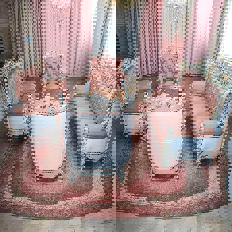 Solid timber pink cow leather sofa set matching coffee French antique style made in Italy 7 seats