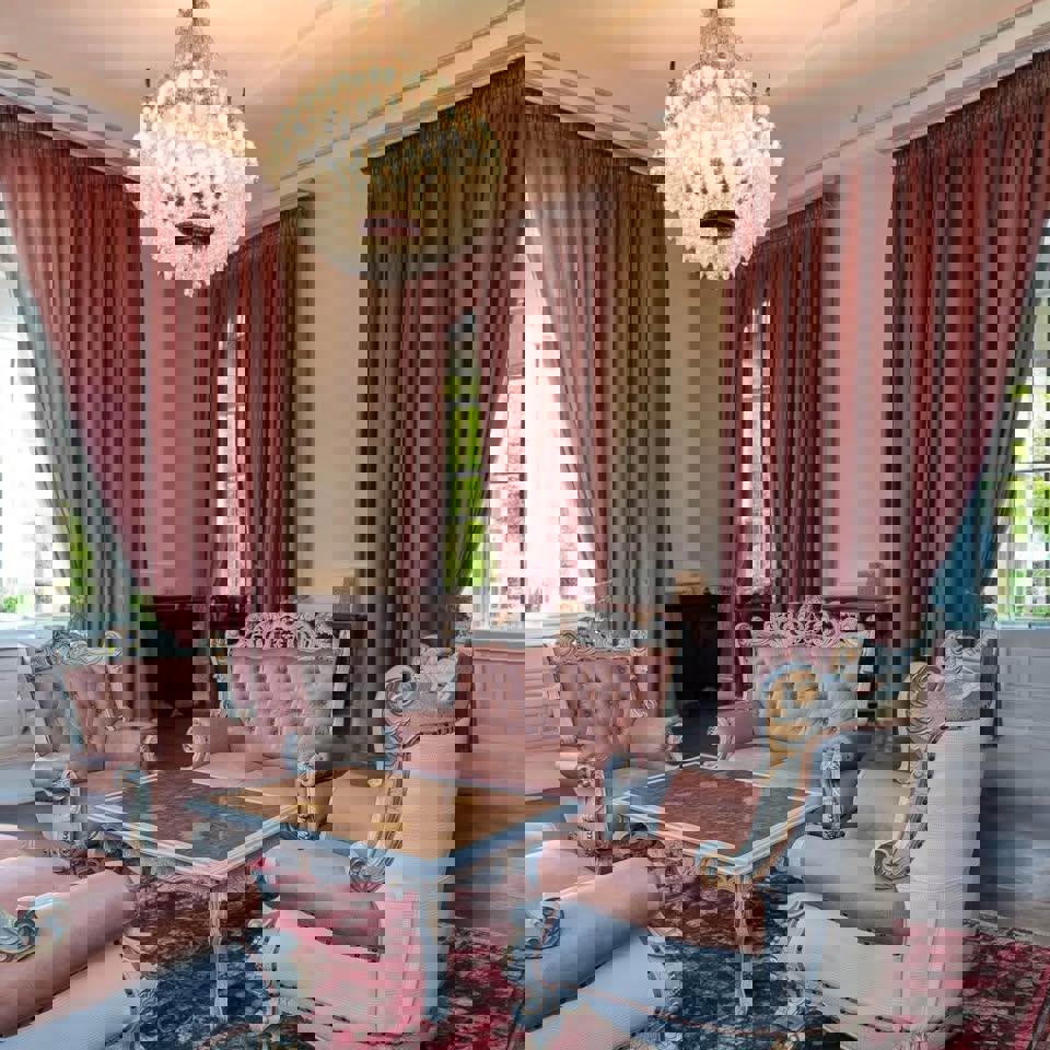 Solid timber pink cow leather sofa set matching coffee French antique style made in Italy 7 seats