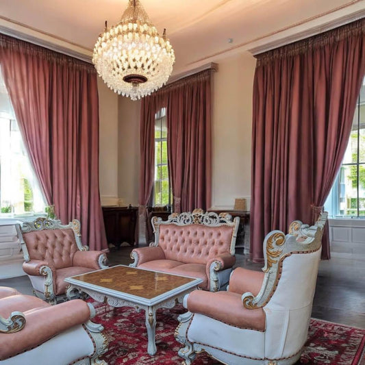 Solid timber pink cow leather sofa set matching coffee French antique style made in Italy 7 seats