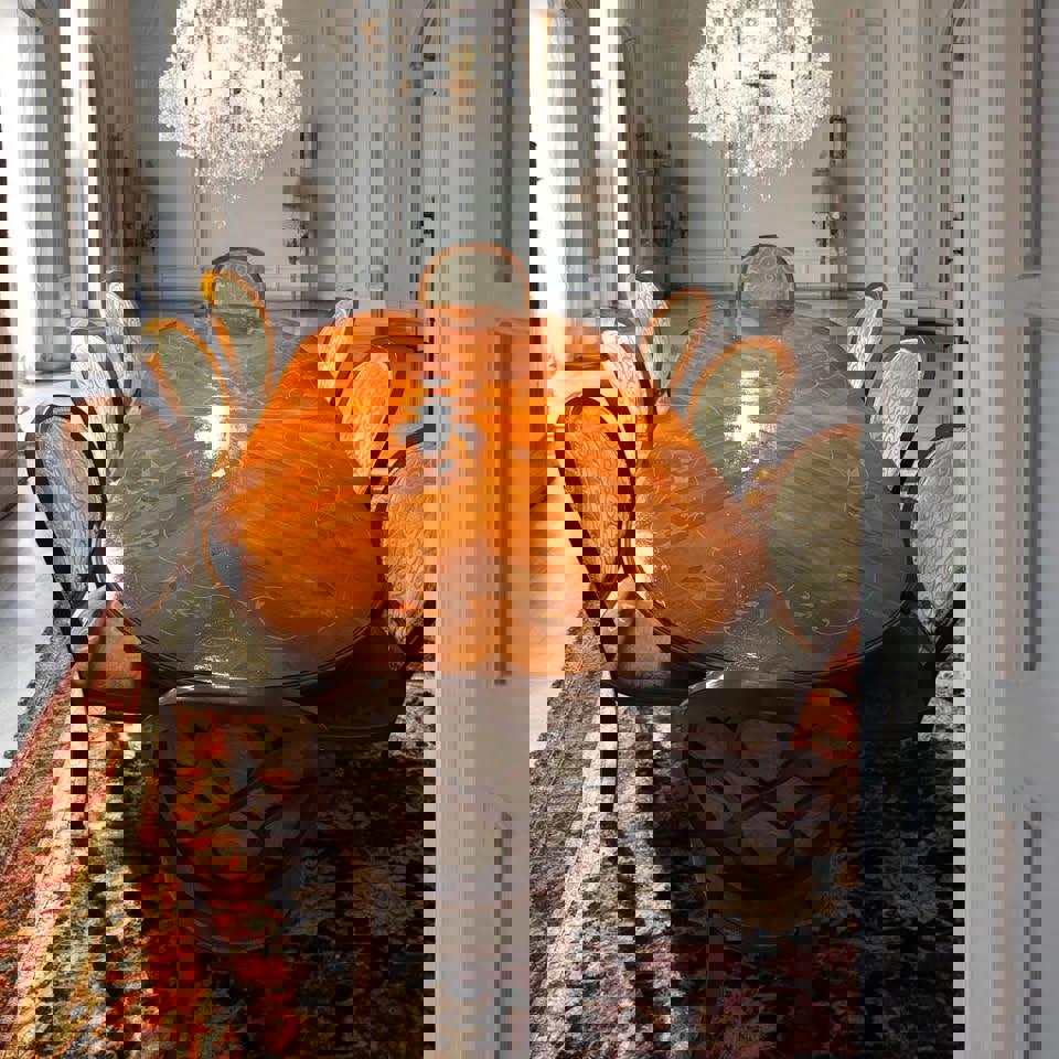 Extended vintage dinner table with 10 large dining chairs excellent condition