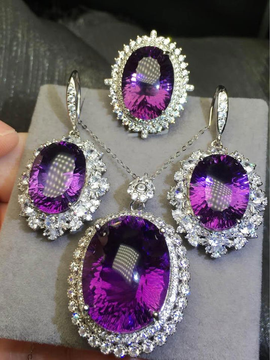 Stunning AAAA Amethyst Jewelry Set in Silver amethyst earrings ring&pendant