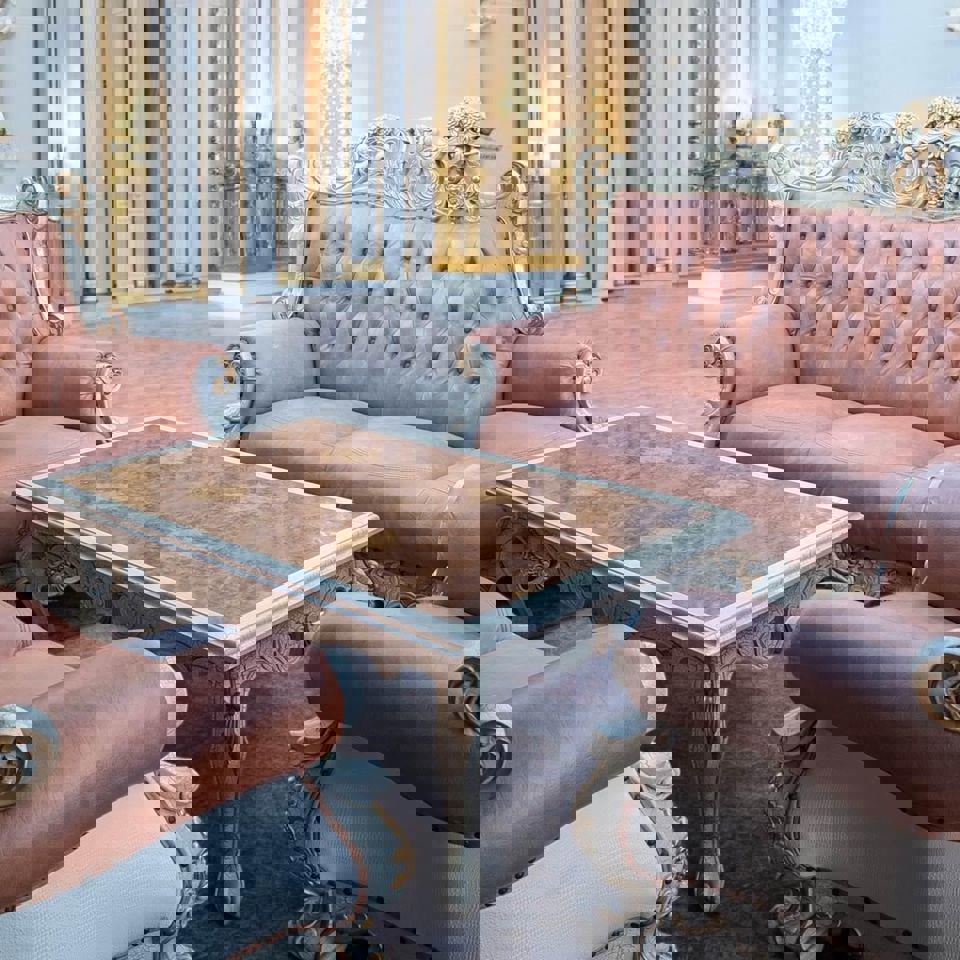 Pink leather vintage sofa set and matching wall unit and plant stands antique white living room Set