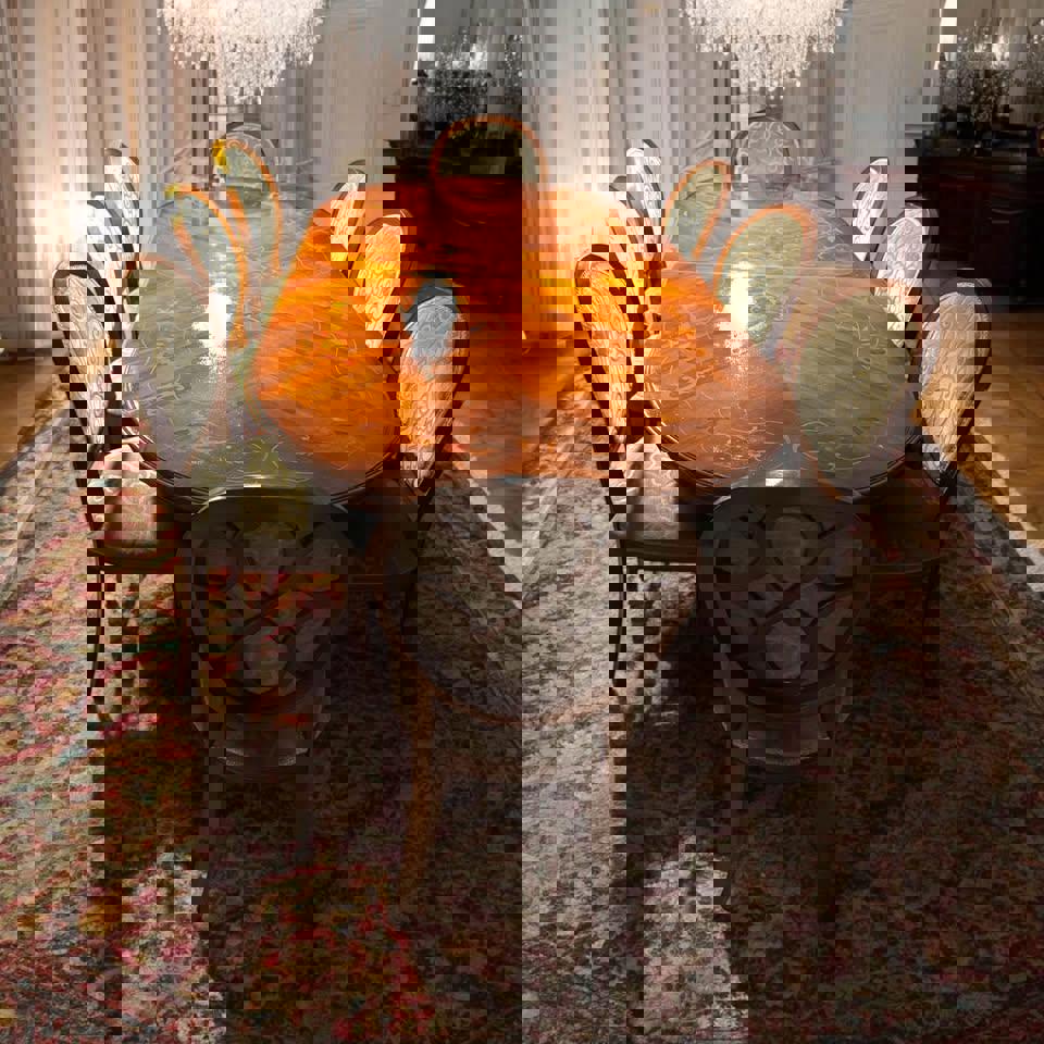 Extended vintage dinner table with 10 large dining chairs excellent condition