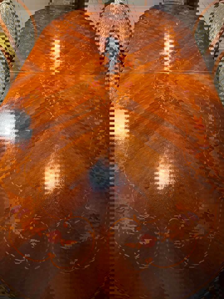 Extended vintage dinner table with 10 large dining chairs excellent condition