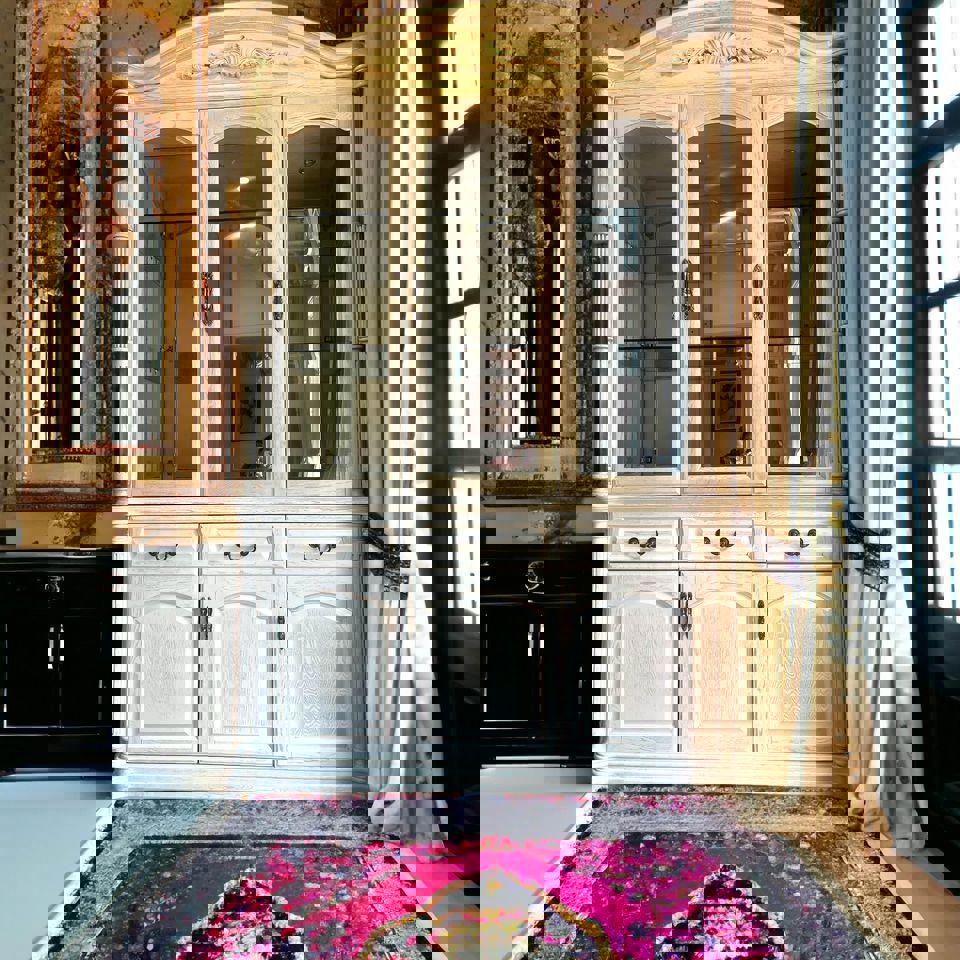 White antique style French cabinet tall boy chest of drawers full length mirror bedside tables