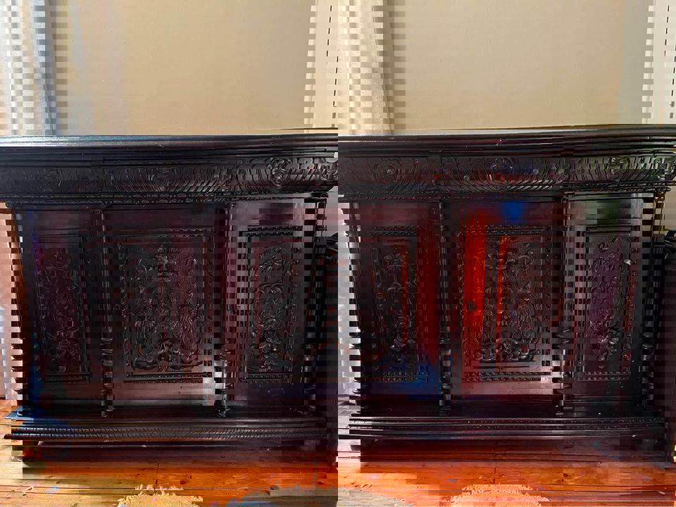 Impressive very large antique wall unit display cabinet mahogany 330x200x60cm hand carved