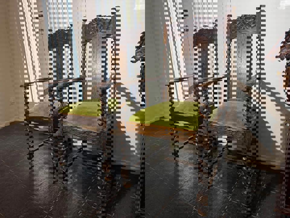 A pair of Antique solid timber chair excellent condition green velvet