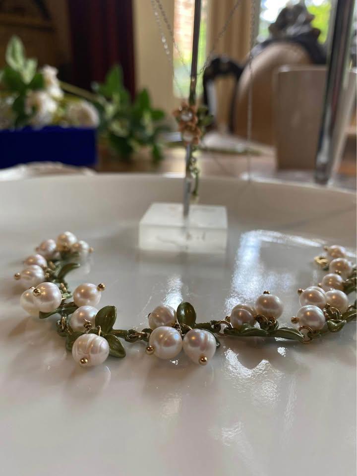 Handmade Women Lily Bell orchid Cultured Pearl Vintage Bracelets& pendent