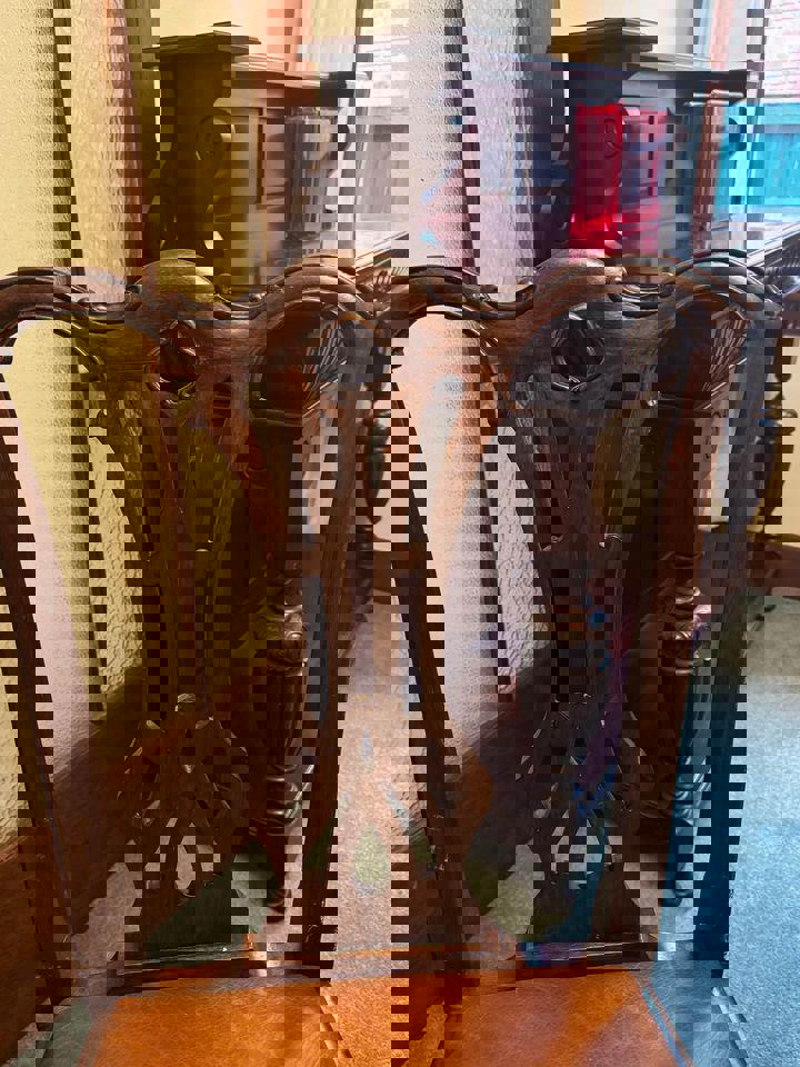 Vintage Dinning table extendable $150 with 6 refurbished leather chairs $100 each