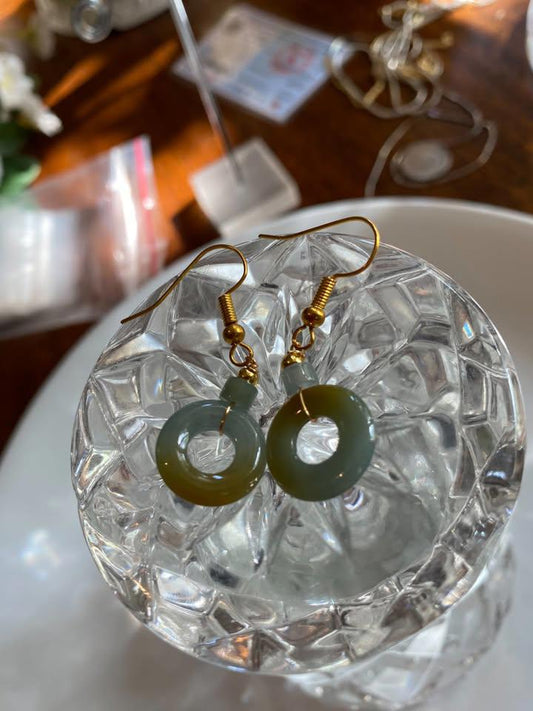 A grade Green jade earrings in gold plated silver set