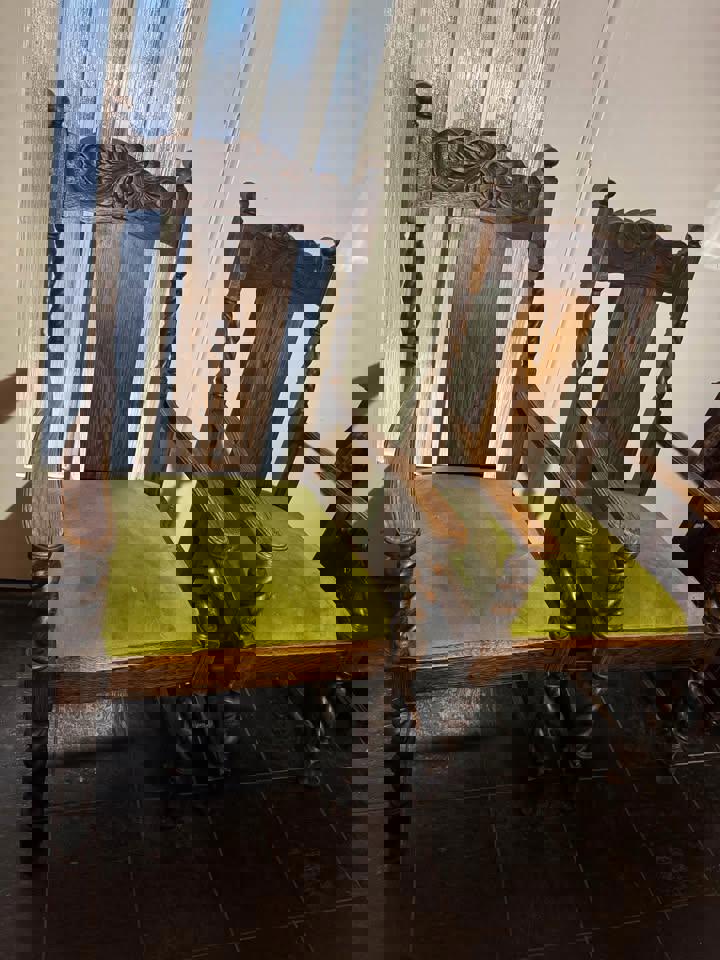 A pair of Antique solid timber chair excellent condition green velvet