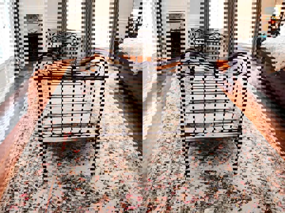 Antique steel single bed frame with wheels solid timber slats and