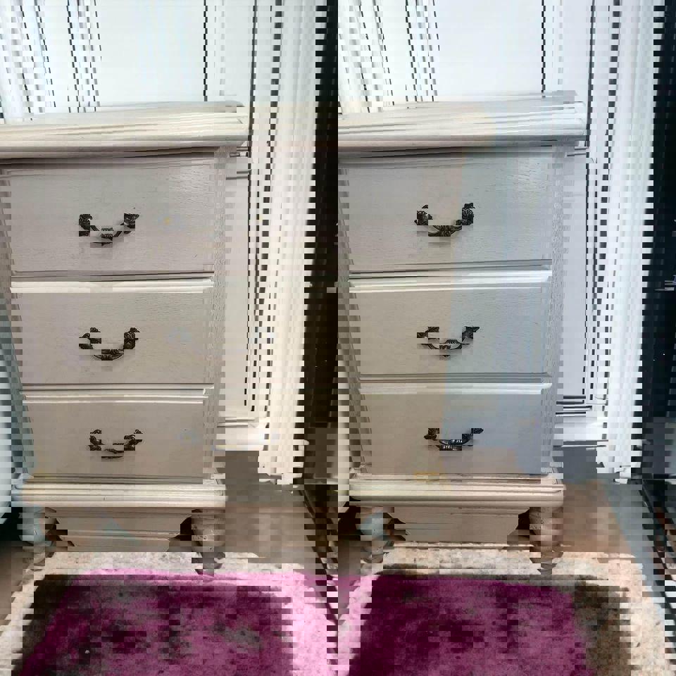 White antique style French cabinet tall boy chest of drawers full length mirror bedside tables