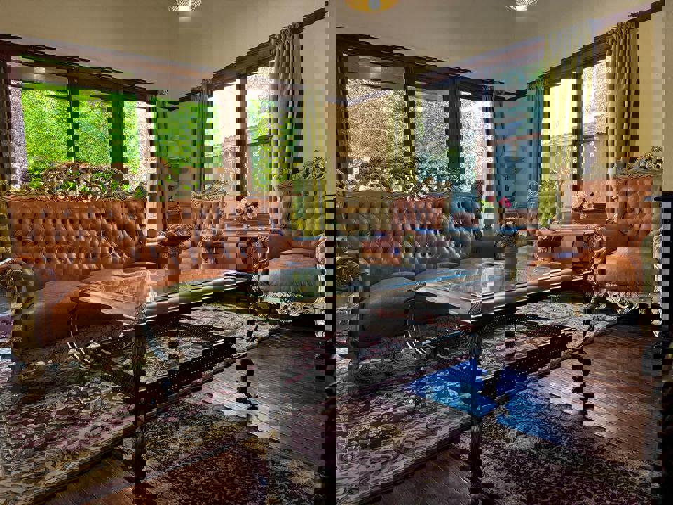 Pink leather vintage sofa set and matching wall unit and plant stands antique white living room Set