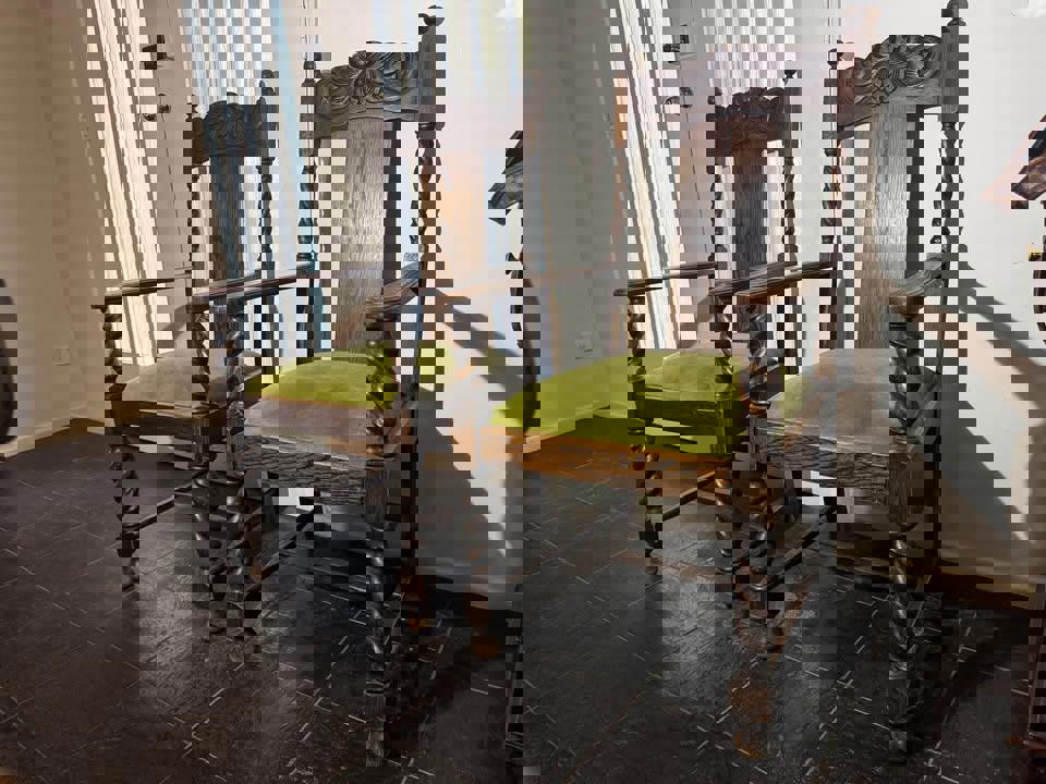 A pair of Antique solid timber chair excellent condition green velvet