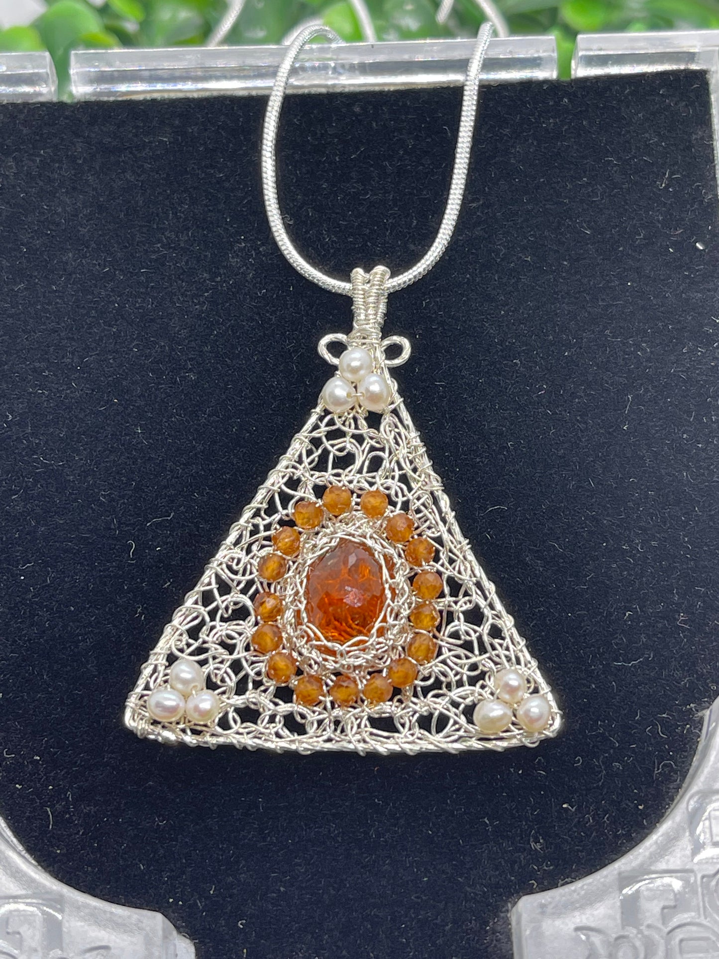 8 ct Natural yellow sapphire pendant, Sterling silver pendant Seed pearls, antique, handmade, triangle, Sterling silver, Pendant, Gift