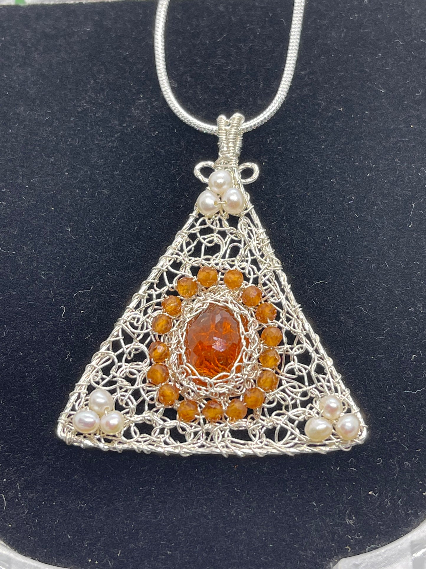 8 ct Natural yellow sapphire pendant, Sterling silver pendant Seed pearls, antique, handmade, triangle, Sterling silver, Pendant, Gift