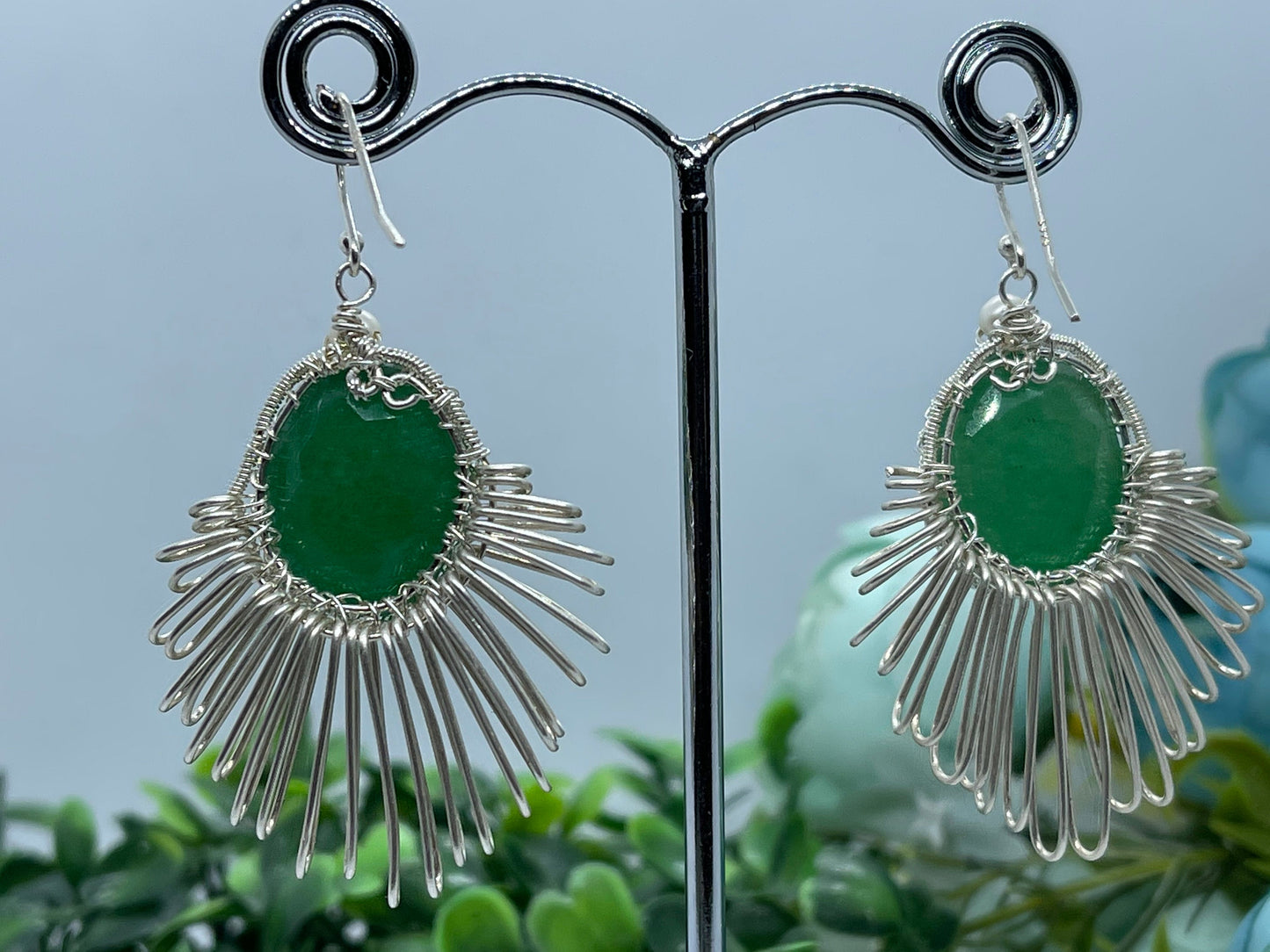 20ct Natural emerald earrings, Sterling silver earrings,Seed pearls, antique, handmade, Sterling silver, Pendant, Gift