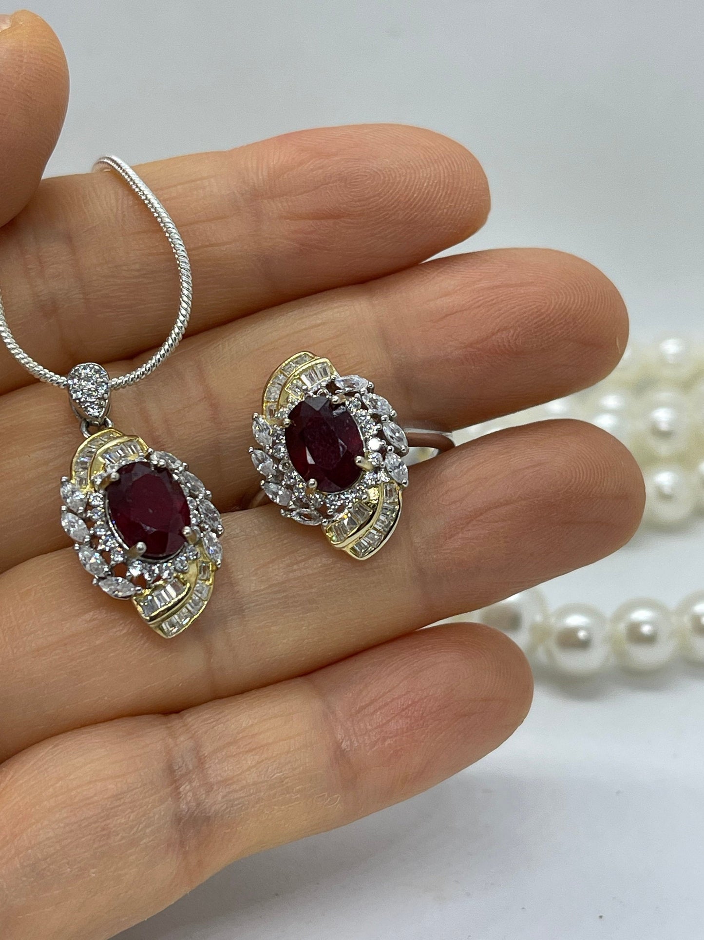 18K Gold plated Natural ruby pendant and Ring, Sterling silver pendant, two tones, handmade, Sterling silver, Pendant, Ring, Gift