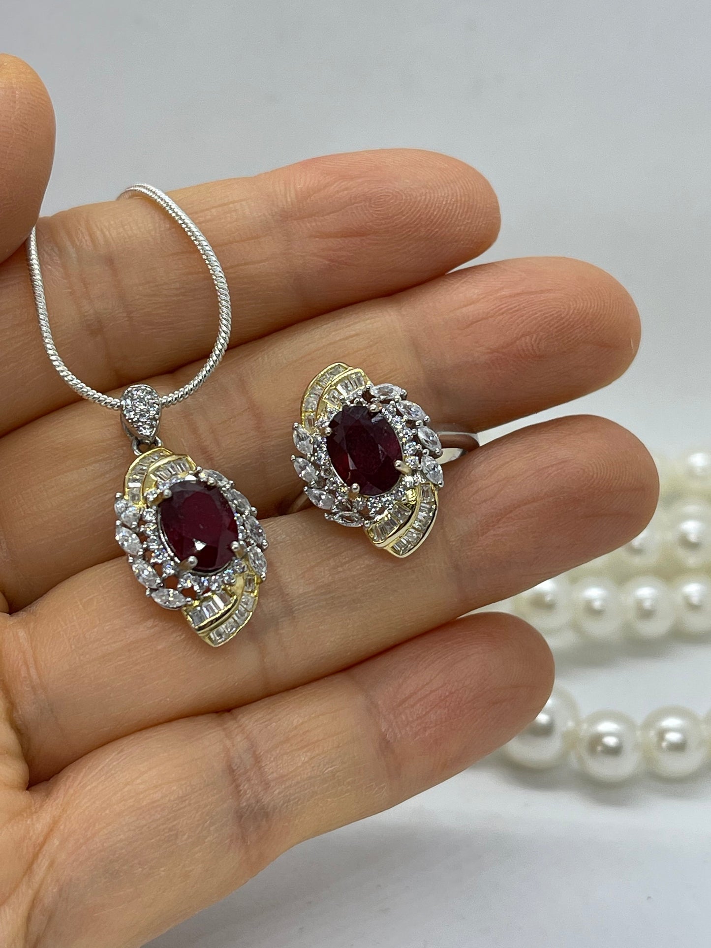 18K Gold plated Natural ruby pendant and Ring, Sterling silver pendant, two tones, handmade, Sterling silver, Pendant, Ring, Gift