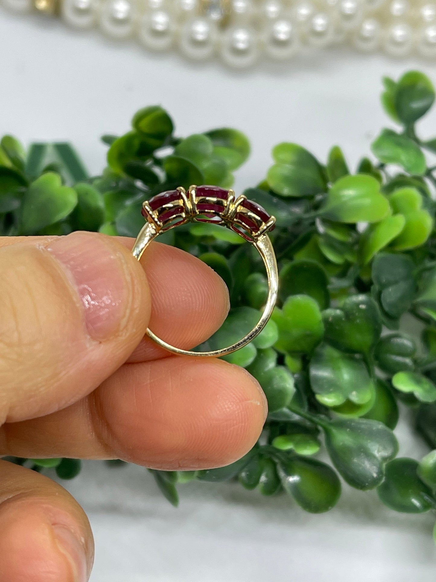 18K Gold Natural ruby three stone ring, 18K gold, handmade, Gift, women, natural ruby, US 7.5