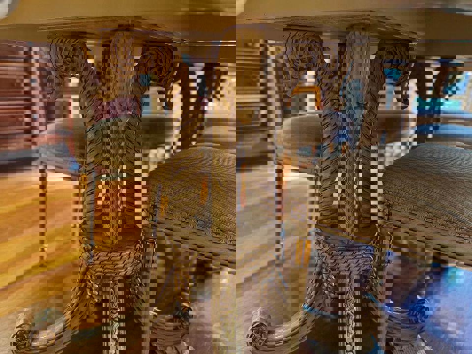 Antique white French dinning table with 6 matching chairs with glass top