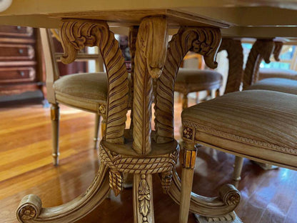 Antique white French dinning table with 6 matching chairs with glass top