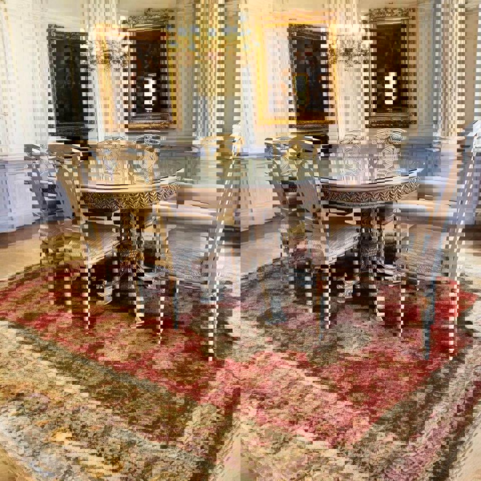 Antique white French dinning table with 6 matching chairs with glass top