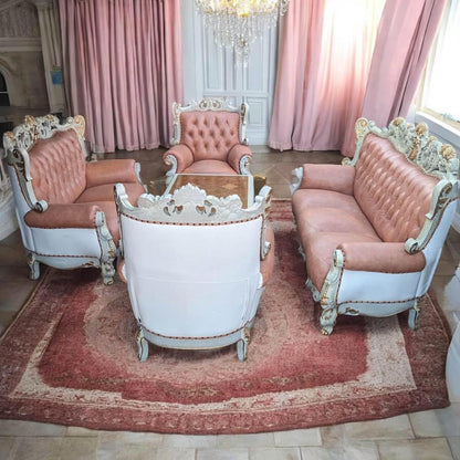 Solid timber pink cow leather sofa set matching coffee French antique style made in Italy 7 seats