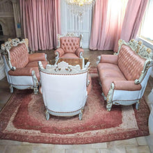 Load image into Gallery viewer, Solid timber pink cow leather sofa set matching coffee French antique style made in Italy 7 seats
