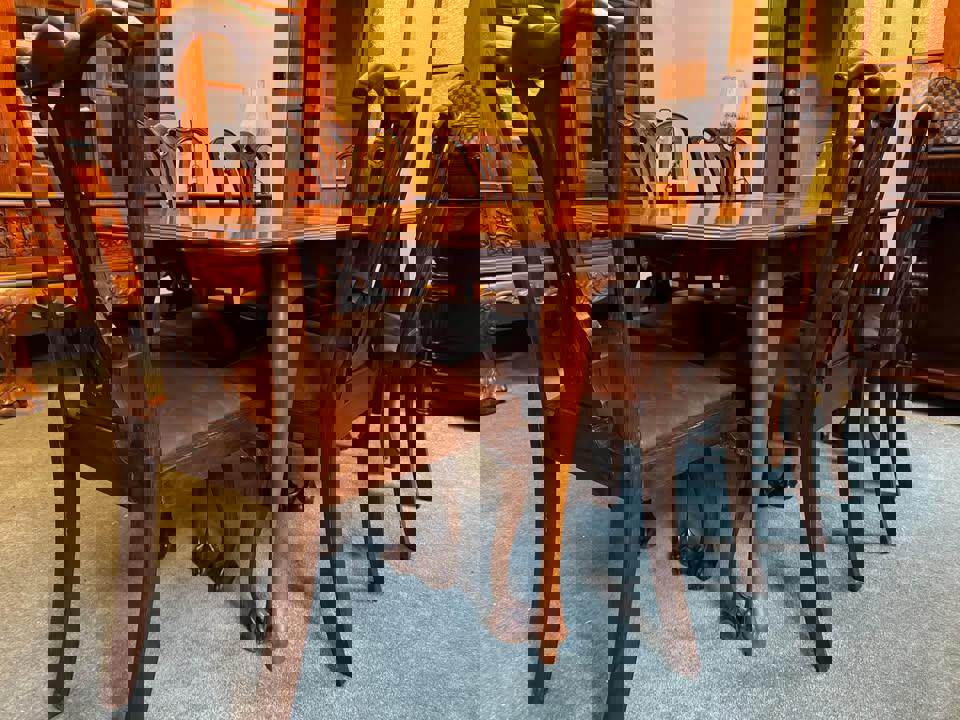 Vintage Dinning table extendable $150 with 6 refurbished leather chairs $100 each