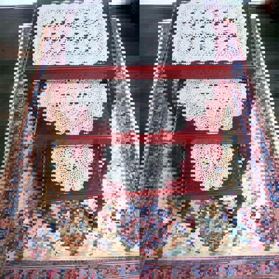 Antique Queen Ann nest of tables 3 pieces with glass tops excellent condition