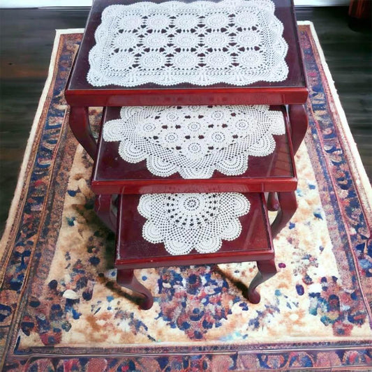 Antique Queen Ann nest of tables 3 pieces with glass tops excellent condition