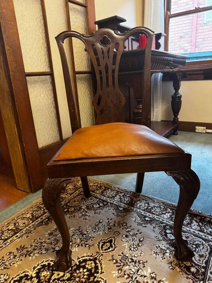 Vintage Dinning table extendable $150 with 6 refurbished leather chairs $100 each