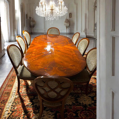 Extended vintage dinner table with 10 large dining chairs excellent condition