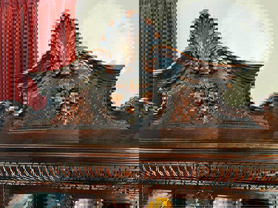 Impressive very large antique wall unit display cabinet mahogany 330x200x60cm hand carved