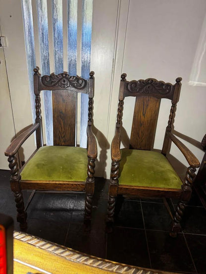 A pair of Antique solid timber chair excellent condition green velvet