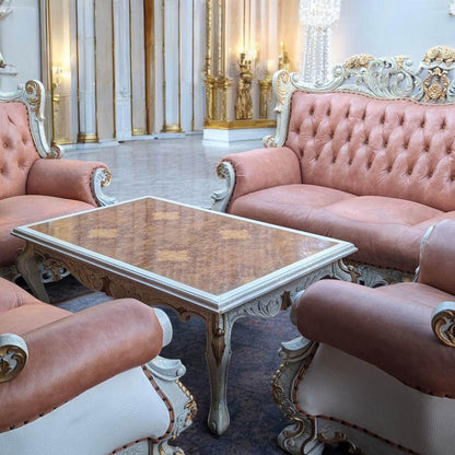 Pink leather vintage sofa set and matching wall unit and plant stands antique white living room Set