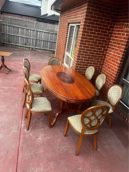 Impressive solid dinner table 2.45mx1.30m with 8 cushion large chairs