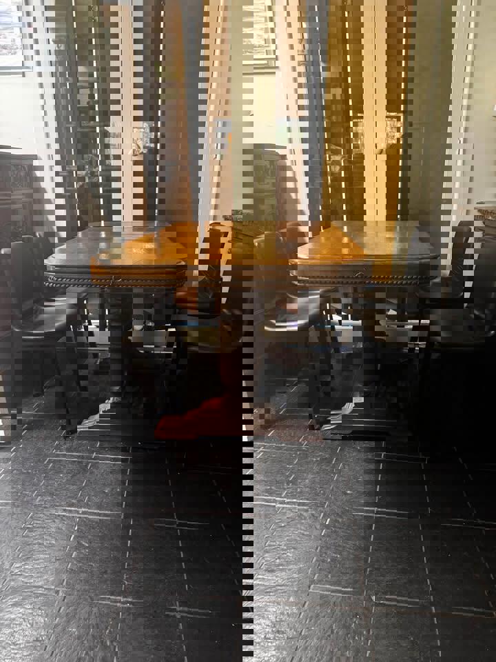 Antique small extended dining table solid timber with 4 chairs