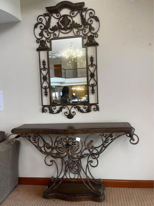 Large iron and timber antique hall stand with matching mirror excellent