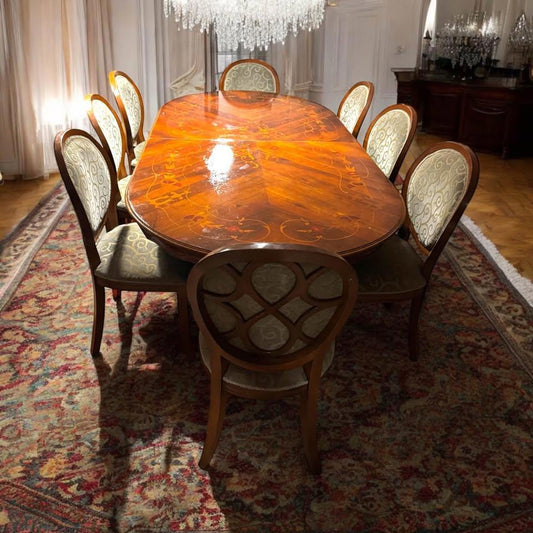 Extended vintage dinner table with 10 large dining chairs excellent condition