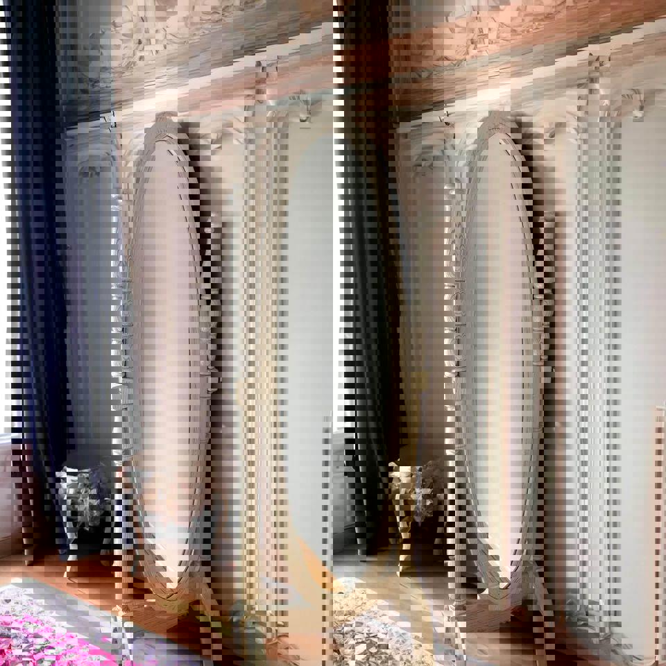 White antique style French cabinet tall boy chest of drawers full length mirror bedside tables