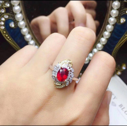 Natural Ruby in Sterling Silver with zircon adjustable ring and necklace set Great Gift for Her