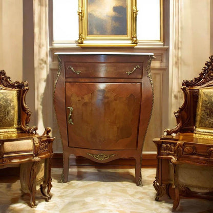 Louis XV Mahogany Cabinet with Marble Top & Brass Accents new condition